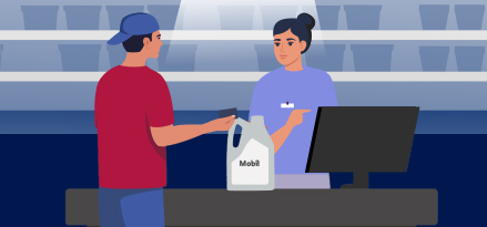 Dessin vectoriel d'un client achetant de l'huile Mobil