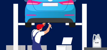 Dessin vectoriel d'un mécanicien réparant une voiture sur un pont élévateur