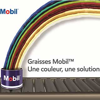 Mobil tin with a rainbow bursting out, and copy saying Ask for colour, Ask for Mobil grease